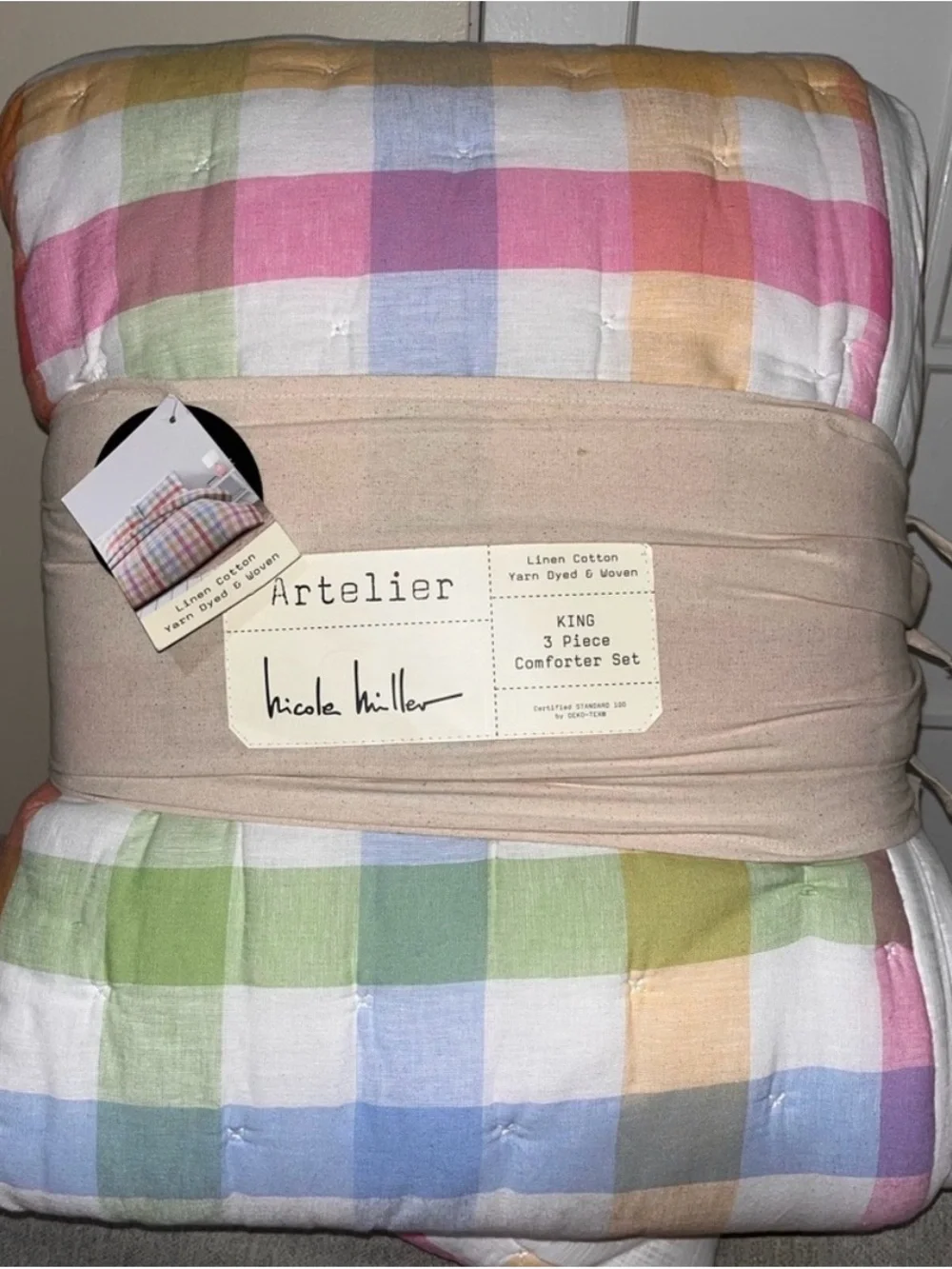 Nicole Miller Rainbow Plaid Linen Comforter- King Size